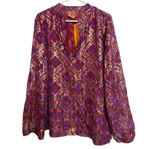 Tory Burch Pink Hastings Gold Lame Plaid Silk Chiffon Tunic Top 14 38121145
